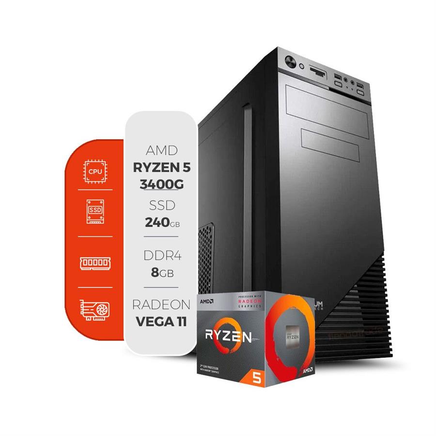 Pc Ryzen 5 3400g, 8gb, SSD 240gb, Video Vega 11, Gabinete Teclado y Mouse, Windows