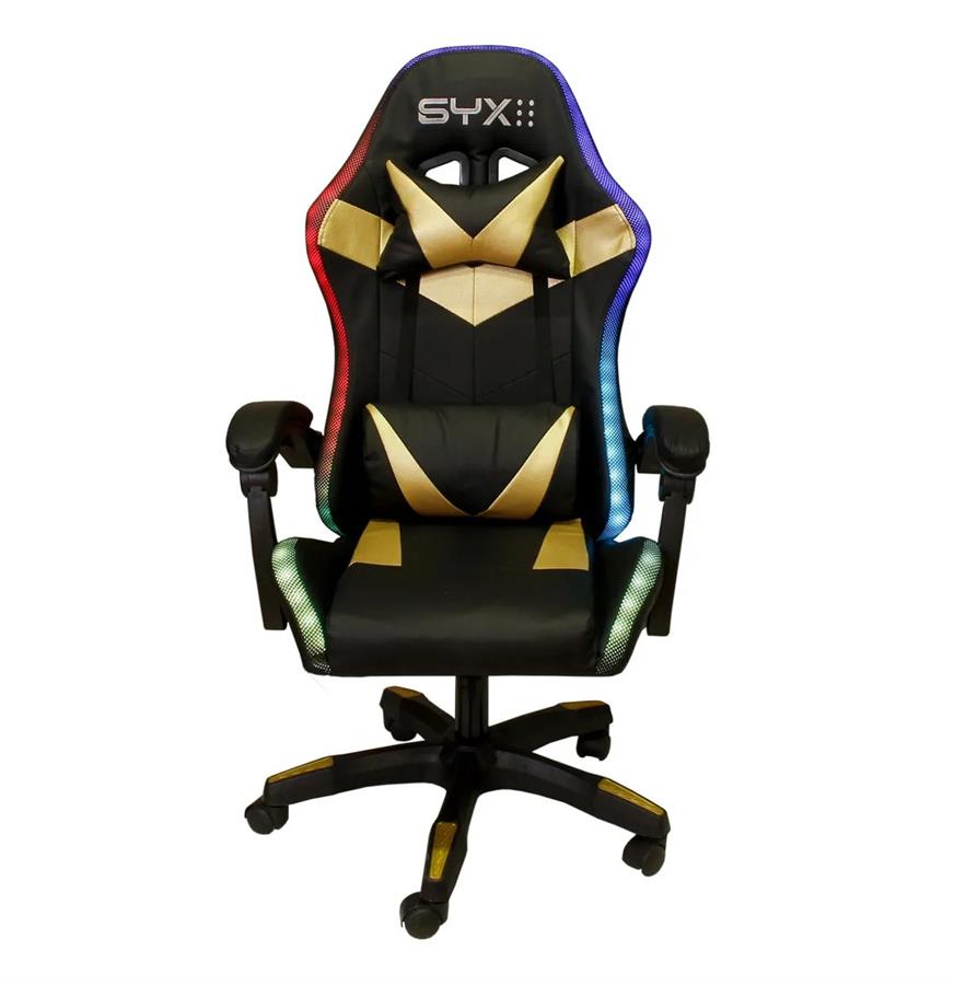 Silla Gamer Syx luces RGB Gcs02 Negra Con Dorado Color Negro Material Del Tapizado Cuero Sintético