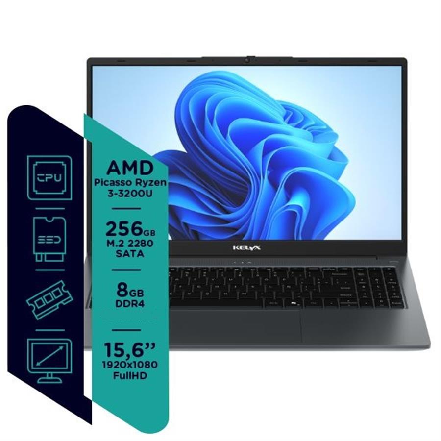 Notebook  AMD Ryzen 3-3200U, 8Gb, SSD 256Gb, Win 11 Home Kelyx, Pantalla 15.6" FHD