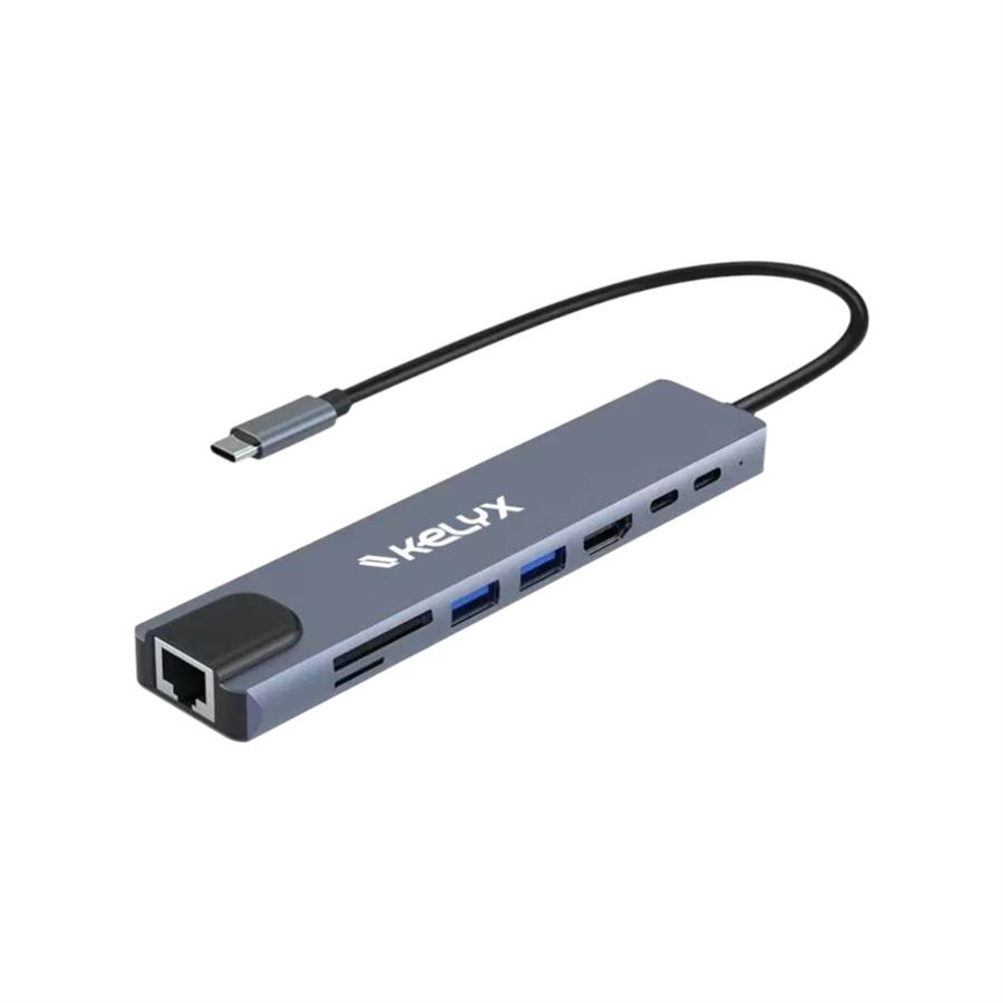 Hub Kelyx 8 En1 Type C, Hdmi Sd Usb 2.0 X2 / Usb 3.0 X2 Rj45 de RED