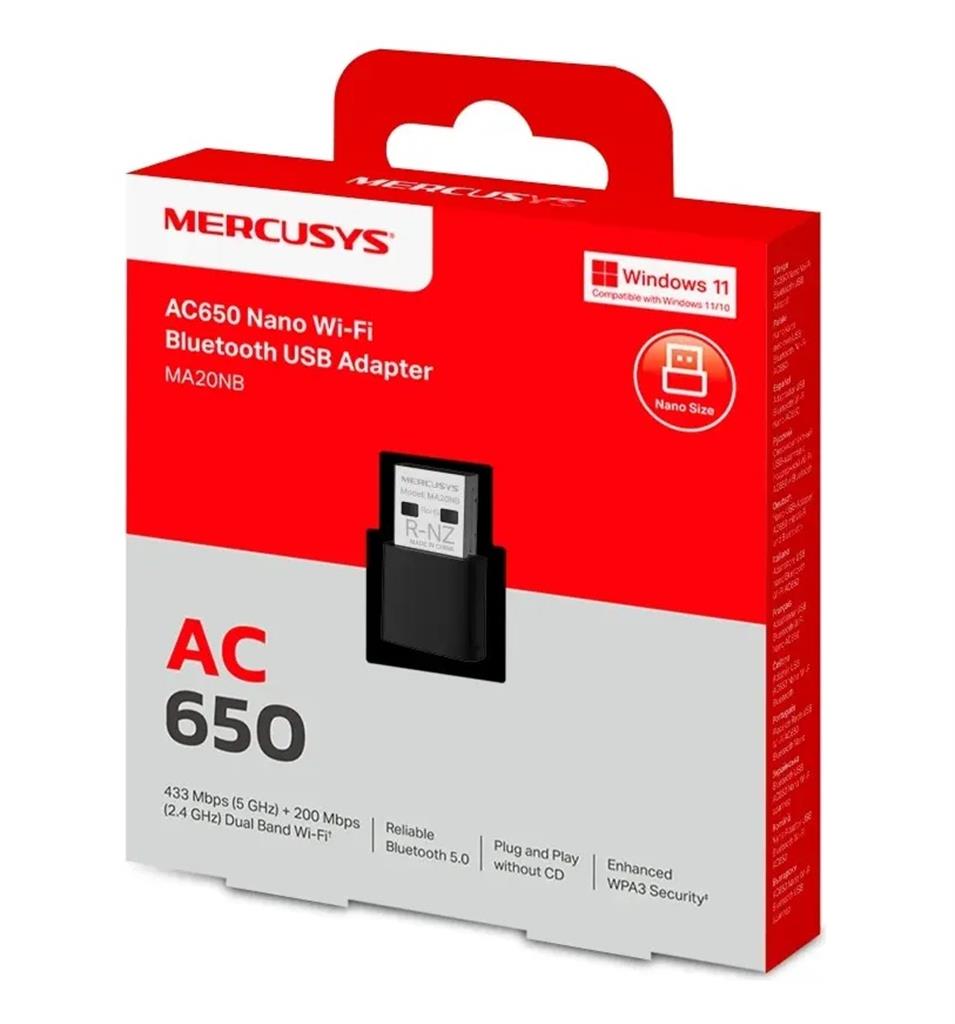PLACA DE RED USB NANO WIFI M20NB Mercusys Dual Band AC650 (2.4 & 5 GHz) + BLUETOOTH 5.0