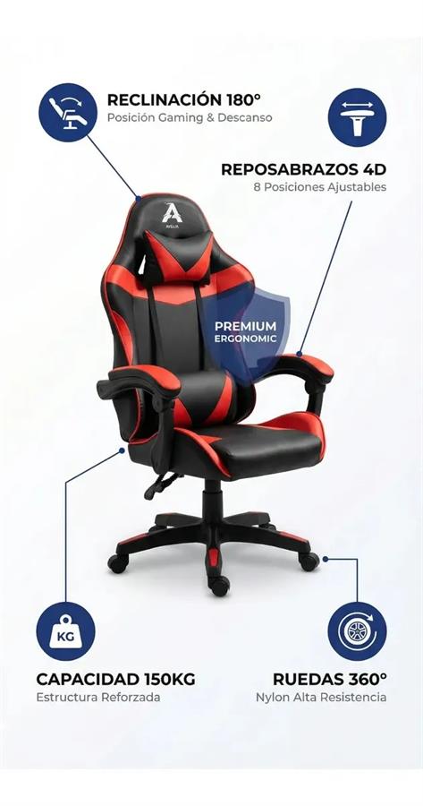 Silla Gamer Ergonomica Reclinable Giratoria Rojo Y Negro Cuero Sintético, hasta 150kg